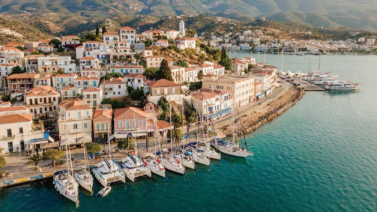 MedSailors yachts on the town quay in Poros in Greece