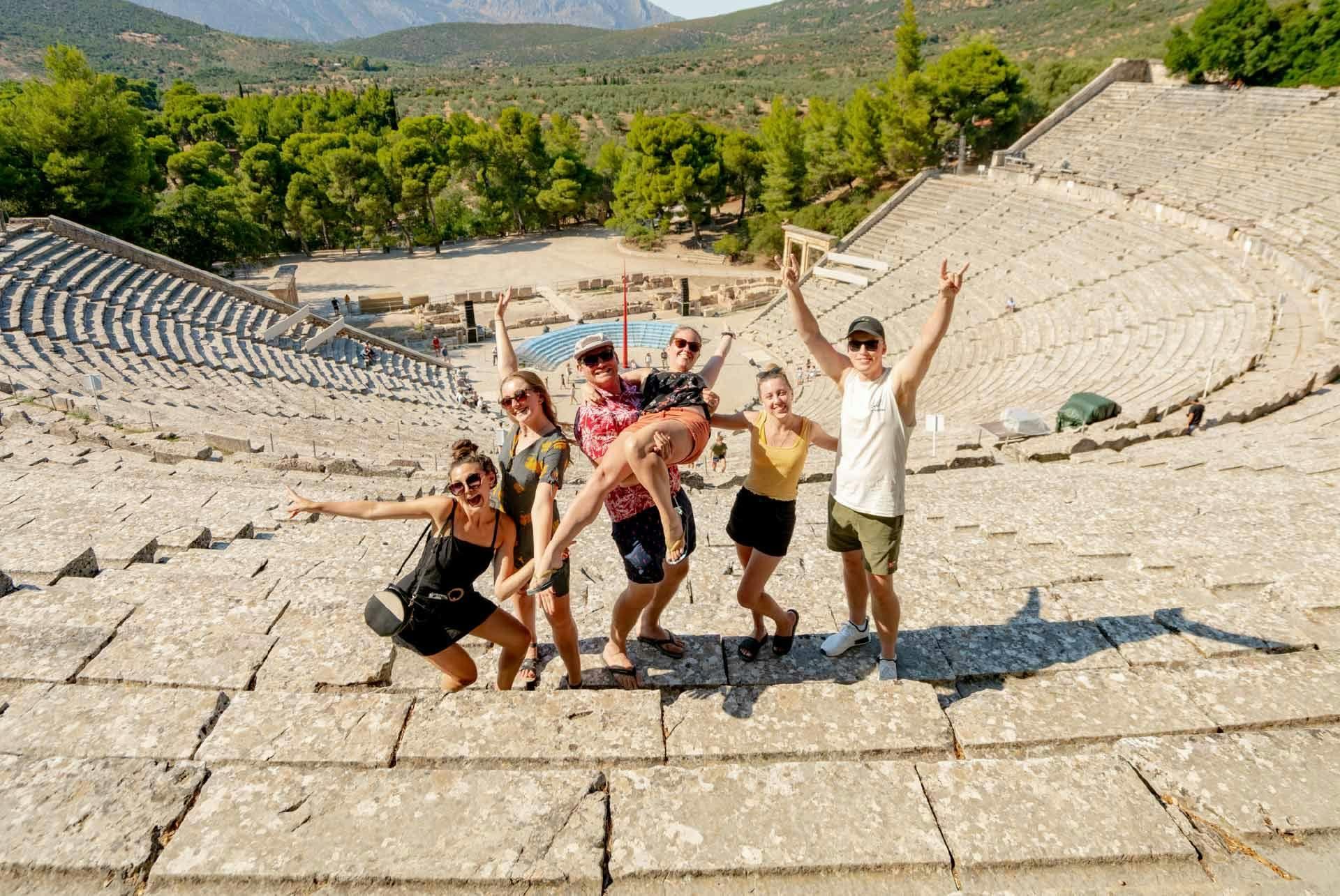 Friends posing for a photo at Epidavros theatre
