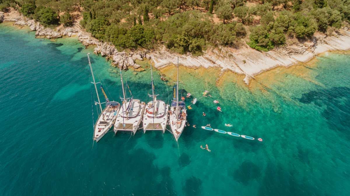 MedSailors yachts rafted together in a beautiful bay