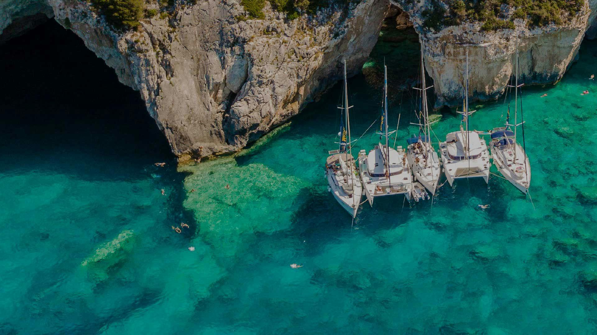 MedSailors yachts rafted together at the Blue Caves in Antipaxos