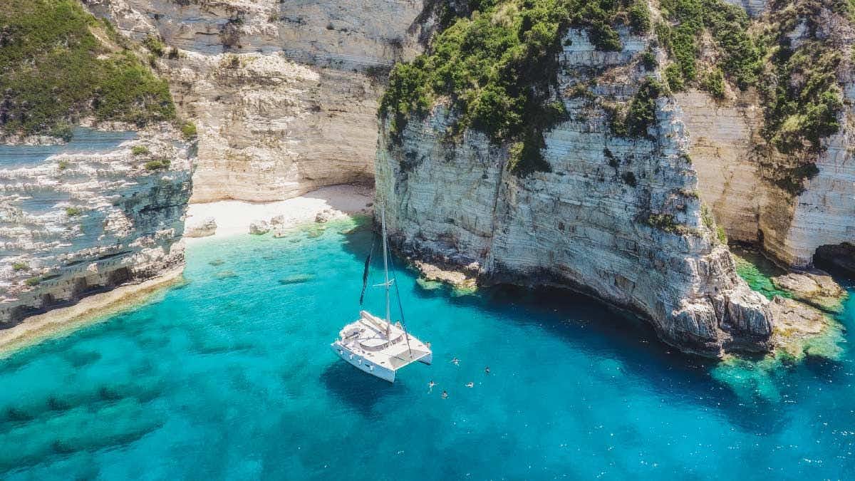 MedSailors catamaran anchored in a bay in the Ionian Islands